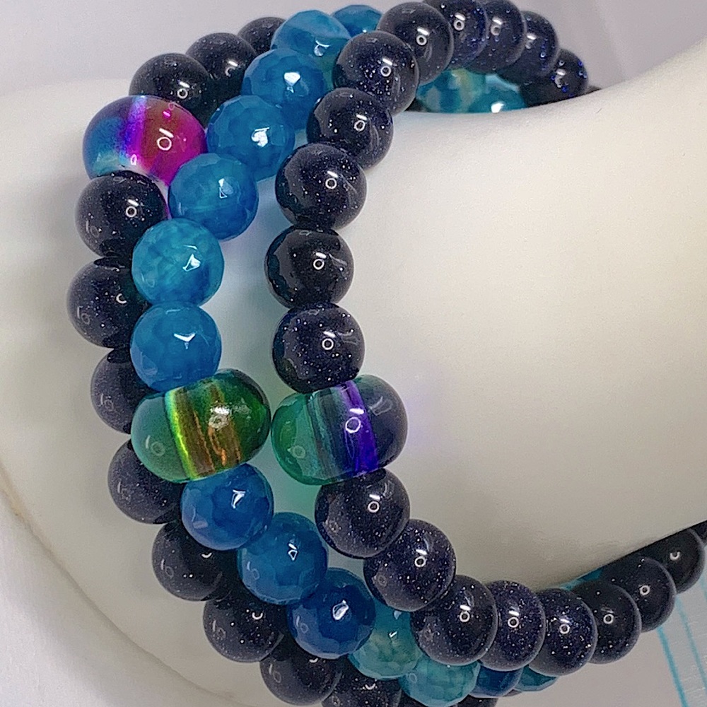 BLUE SANDSTONE + DRAGON VEINS  AGATE SET NATURAL BRACELETS size 7” - Picture 6 of 8